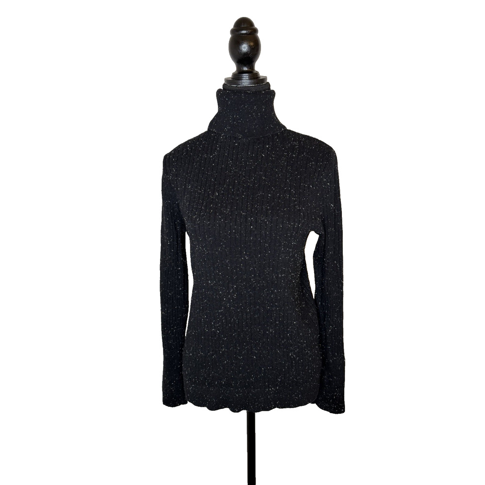Talbot’s Women’s T-Neck Sweater Med Black Flecked Pattern Ribbed Stretch